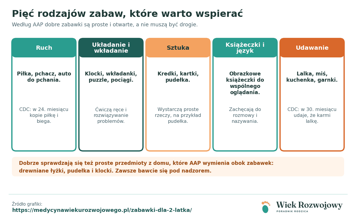 Pięć rodzajów zabaw: ruch, układanie i wkładanie, sztuka, książeczki i język oraz udawanie, z przykładami zabawek